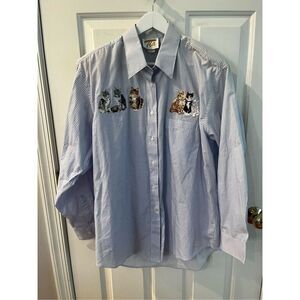 Vintage Tia Cat Lady Blue & White Gingham Applique Button Up Shirt sz L EUC